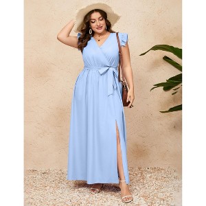 Coolmee Women Plus Size Casual Crossover V Neck Flying Sleeve Hem Slit High Waist Maxi Dress With Belt - 1 of 4