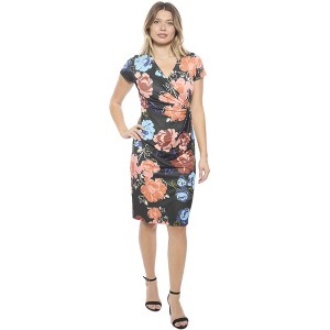 24seven Comfort Apparel Womens Floral V Neck Short Sleeve Knee Length Faux Wrap Dress, Women's, Size: Small