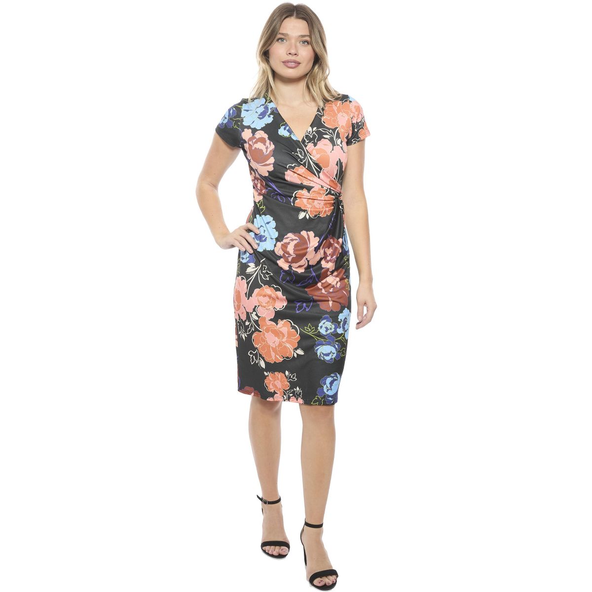 Womens Floral V-Neck Short Sleeve Knee Length Faux Wrap Dress - 24seven Comfort Apparel™