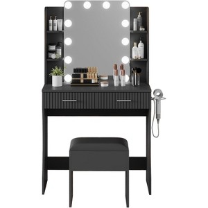 Makeup Vanity with Mirror and LED Lights, Modern Dressing Table Furniture, 2 Drawers 6 Shelves, Hair Dryer Rack & Stool, for Bedroom - 1 of 4