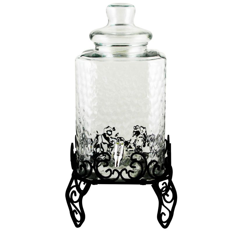 Gibson Home Moreauville 3 Piece 2.25 Gallon Square Embossed Glass Beverage Dispenser with Wire Stand, 1 of 6