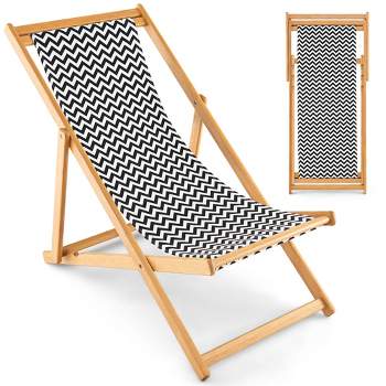 Costway Folding Bamboo Sling Lounge Chair Reclining Canvas Portable Outdoor