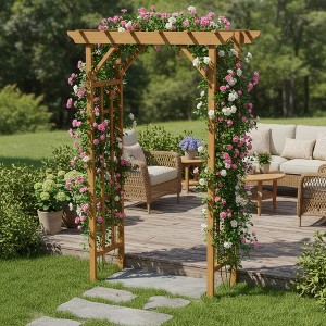 Gulches Light Brown Wooden Arbor - Wedding Arch for Ceremony, Plant Climbing Trellis & Christmas Decor Pergola for Garden Backyard - 1 of 4