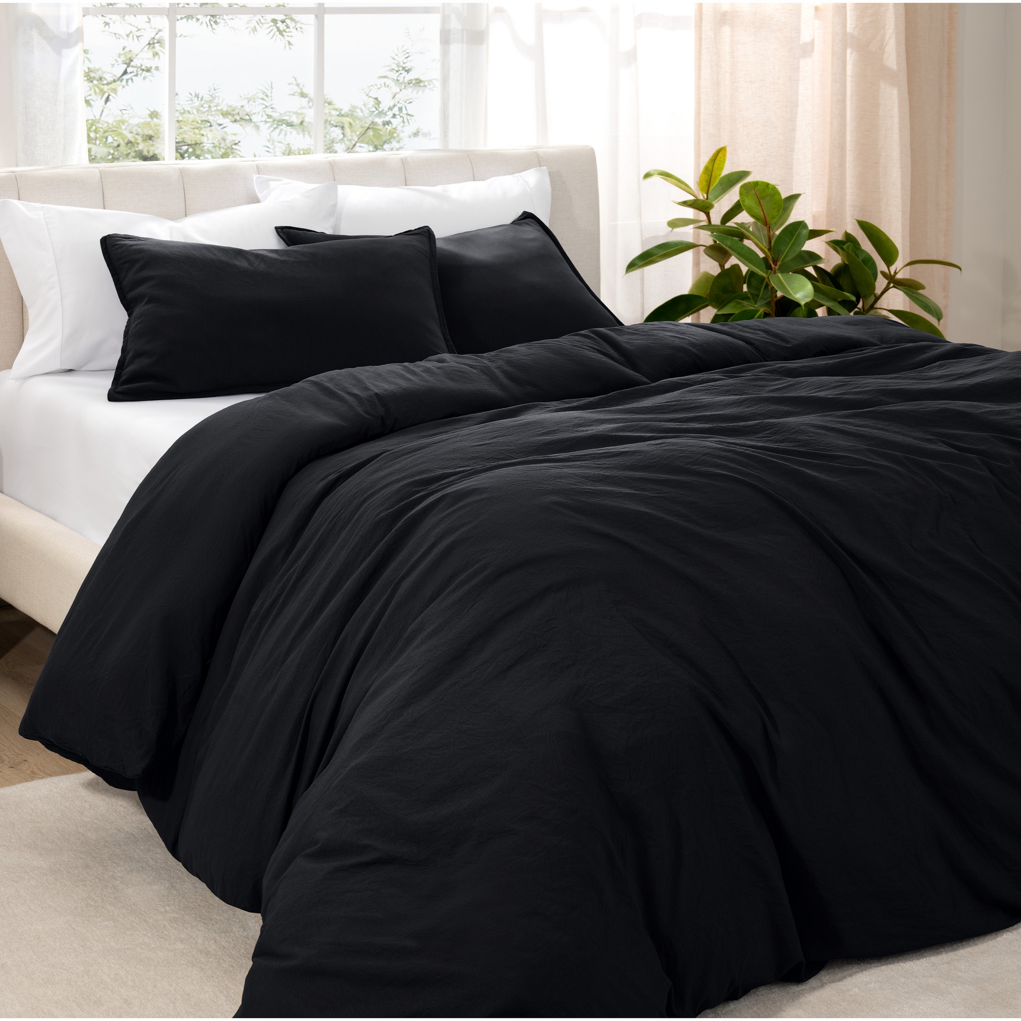 Ultra-Soft Easy Care Washed Duvet Cover & Sham Set by Bare Home - Oversized Queen, Black