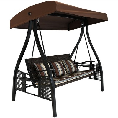 Sunnydaze Outdoor Deluxe Patio Swing with Canopy Shade, Cushions and Side Tables, Brown Stripe