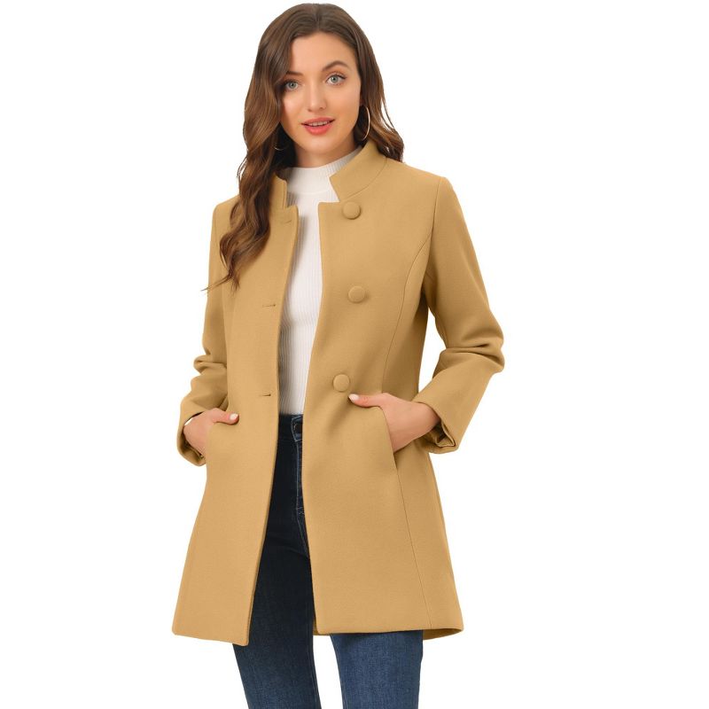 Allegra K Women's Winter Stand Collar Single Breasted Mid-thigh Long Overcoat, 1 of 7