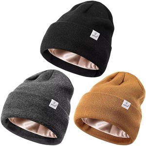 Zuppad 3 Pack Satin Lined Winter Beanie Hats for Women Men,Silk Lined Womens Beanies Knit Soft Warm Cuffed Hats - 1 of 4