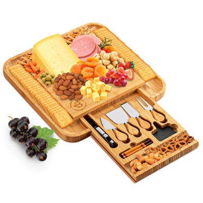 Bamboo Rectangular Cheese Board with Cutlery Set and Drawer