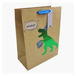 Bows And Sparkles Medium 'Hooray' Foil Print Dinosaur Birthday Gift Bag with Tag Kraft Natural - 1 of 3