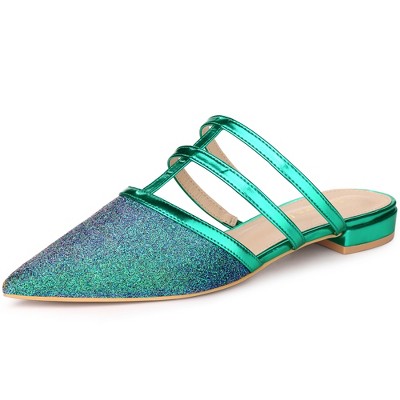 Allegra K Women's T-Strap Sparky Glitter Slip-On Pointed Toe Flats Mules