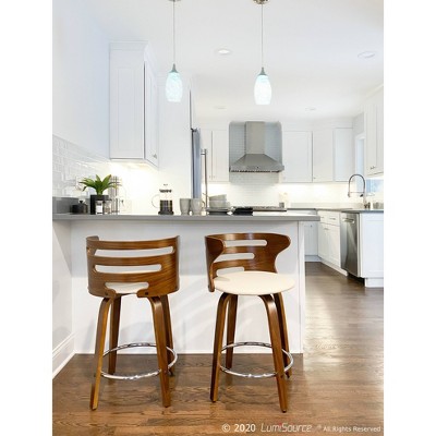 Walnut and Cream Swivel Counter Stools with Faux Leather Seats