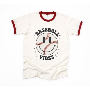 Simply Sage Market Women's Baseball Vibes Smiley Face Short Sleeve Ringer Tee - 1 of 3