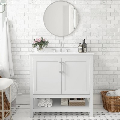 Vivien 36" White Bathroom Vanity with Carrara Marble Countertop