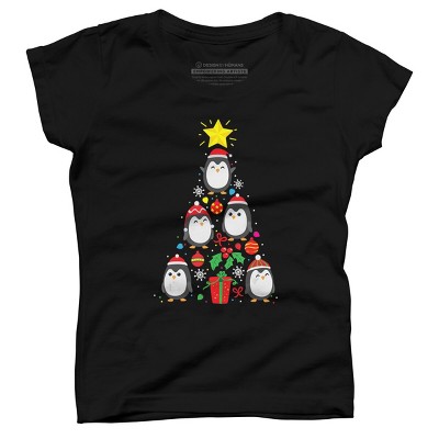 Girl's Design By Humans Penguin Christmas Tree By NekoShop T-Shirt