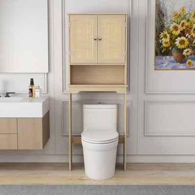 Akoasm Over The Toilet Bathroom Storage Cabinet With Rattan Doors,Open And Adjustable Shelf-Natural