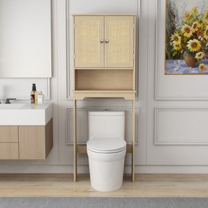 Akoasm Over The Toilet Bathroom Storage Cabinet With Rattan Doors,Open And Adjustable Shelf-Natural - 1 of 4