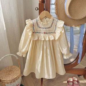 MyKids-Usa Arrival Autumn Girls Flowers Embroidery Pattern Long Sleeves Ruffle Neck Dress - 1 of 4