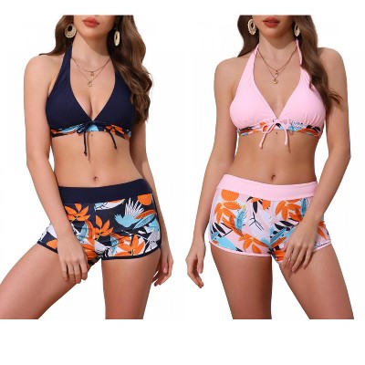 INSPIRE CHIC Women's Leaf Print Color Block Halter Top Boyshorts Bottom Swimwear Bathing Bikini Suits 2 Sets