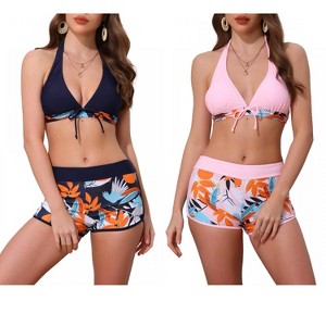 INSPIRE CHIC Women's Leaf Print Color Block Halter Top Boyshorts Bottom Swimwear Bathing Bikini Suits 2 Sets - 1 of 4