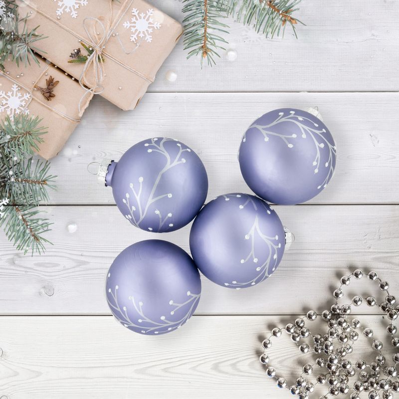 Northlight 4ct Matte Purple Glass Ball Christmas Ornaments with Branch Design 2.5" (63.5mm), 2 of 6