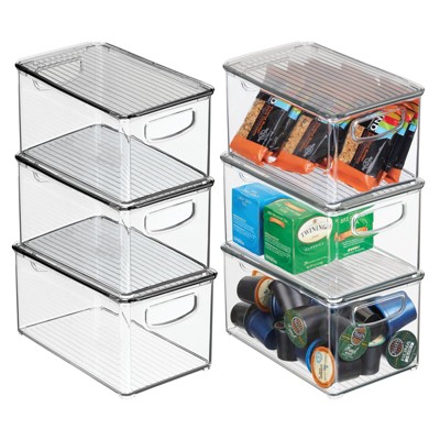 mDesign Plastic Deep Kitchen Storage Bin Box, Lid/Handles, 6 Pack, Clear/Gray