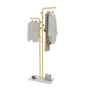 171cm Tall Heavy Duty Gold Metal Double Pole Coat Rack Freestanding Hall Tree Cloth Coat Hanger Stand with Stone Base & Hooks for Living Room Entryway - 1 of 4