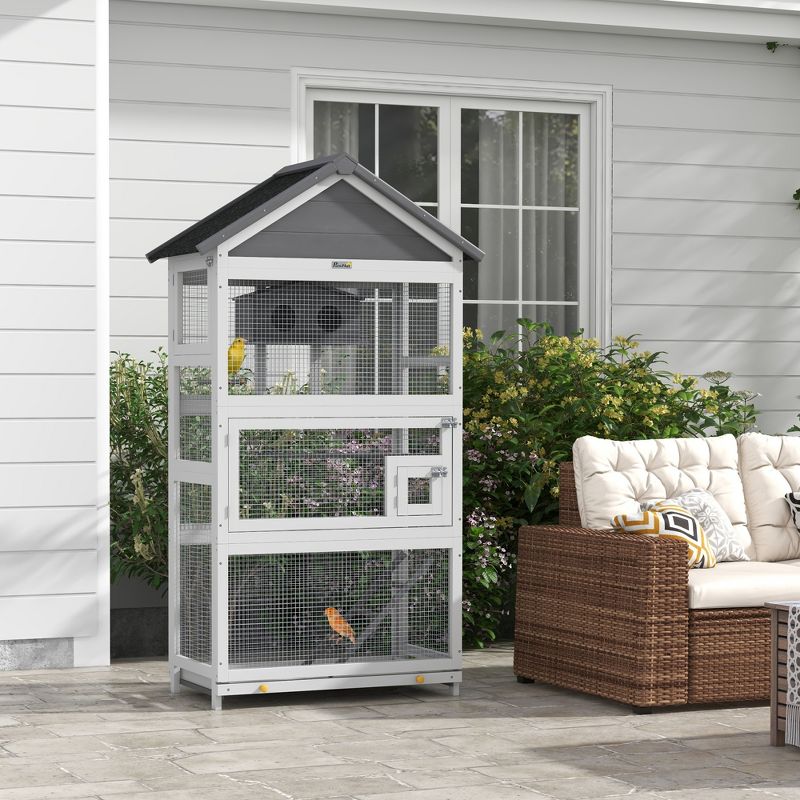 PawHut Wooden Bird Aviary, 67" Outdoor Bird Cage with Slide-Out Tray, Three Doors, Birdhouse, Ladder, Perches for Finches, Parakeets, Gray, 3 of 7