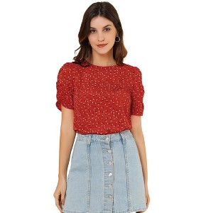 INSPIRE CHIC Women's Floral Summer Crew Neck Casual Shirred Short Sleeve Blouse - 1 of 4