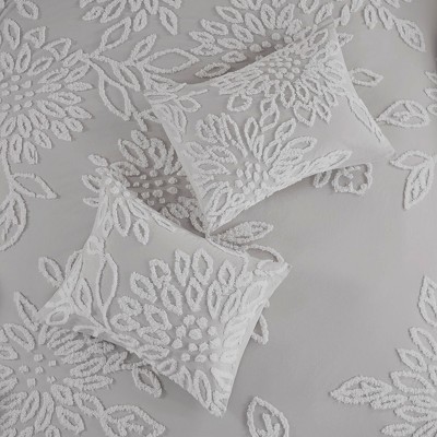 Shabby Chic Grey & White Cotton Chenille Floral Duvet Set - King/Cal King