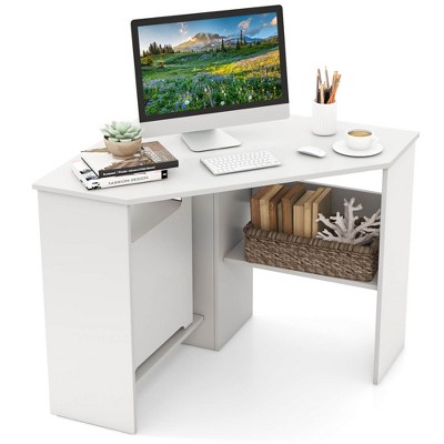 Costway Corner Computer Desk Triangle Writing Workstation w/ Storage Shelf White