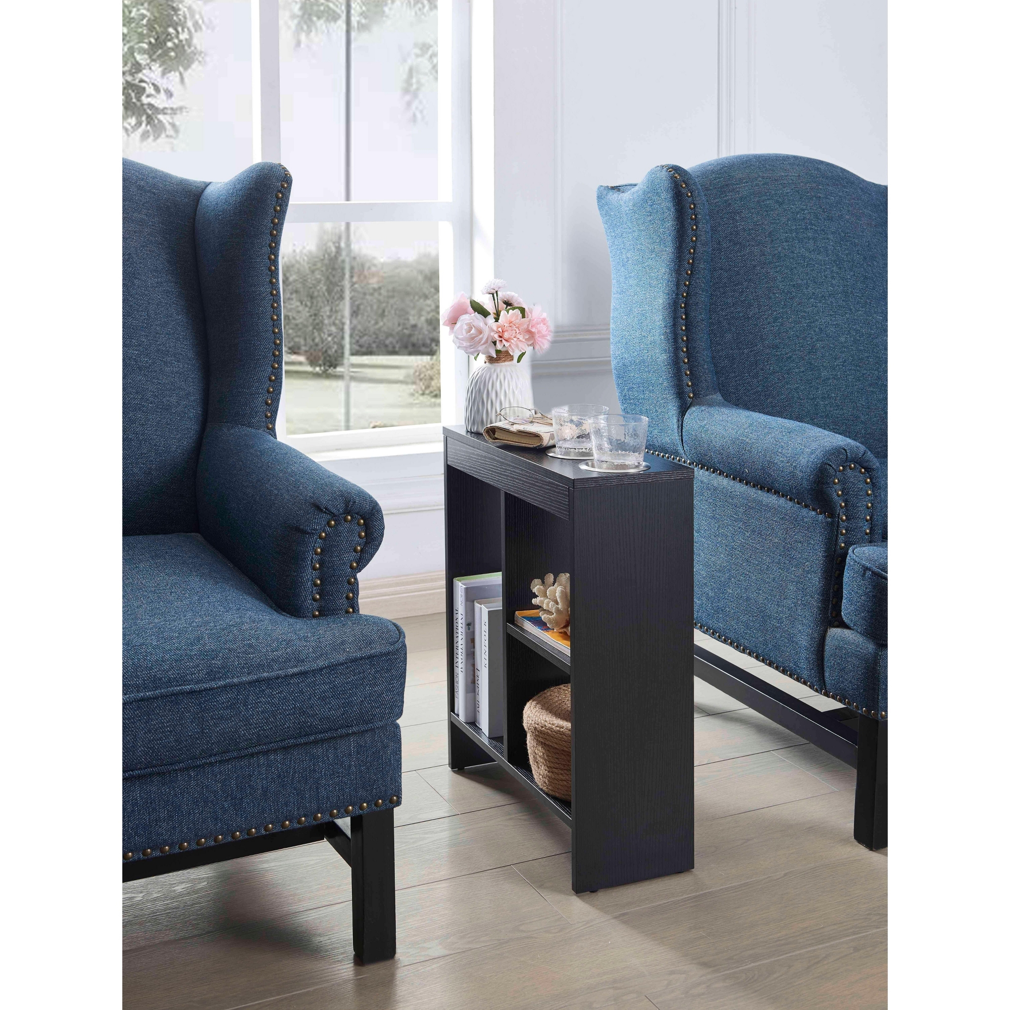 Kings Brand Furniture Slim Side Table with cup holders, shelves & magazine rack — perfect for living room, bedroom, or office.