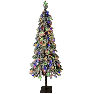 Artificial Christmas Tree, Prelit Snow Flocked Xmas Tree with PE Branch Tips, Colorful Lights, Metal Stand, Full Tree for Christmas Decor - 1 of 4