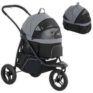 PawHut 3 in 1 Pet Stroller for Small Dogs and Cats, 3 Wheels Dog Jogging Stroller with Detachable Carrier, Storage Basket, Gray - 1 of 4