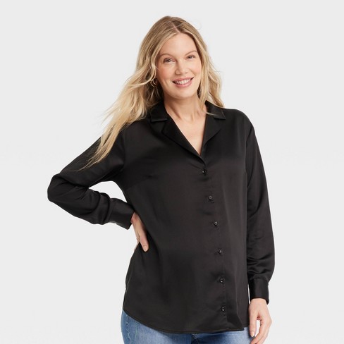 Long Sleeve Satin Button-front Maternity Shirt - Isabel Maternity