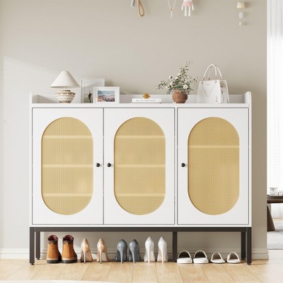 Shoe Cabinet with 3 Rattan Doors, Freestanding Shoe Organizer with Adjustable Shelves