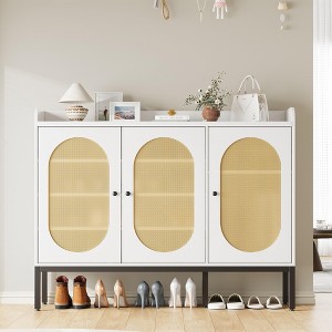 Shoe Cabinet with 3 Rattan Doors, Freestanding Shoe Organizer with Adjustable Shelves - 1 of 4