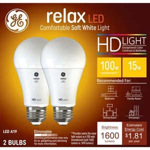GE 2pk 100W Relax A19 LED Light Bulbs Soft White: 15W Dimmable, Energy Star, 1600 Lumens, E26 Base, 2700K, 13.7-Year Life - 1 of 4