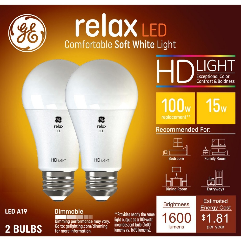 Photos - Light Bulb General Electric GE 2pk 100W Relax A19 LED  Soft White: 15W Dimmable, Energy Star, 1600 Lumens, E26 Base, 2700K, 13.7-Year Life 