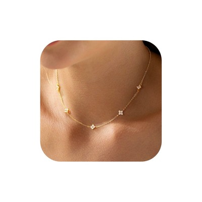 Turandoss Gold Choker Necklace for Women - Dainty 18k Gold Plated Clover Cubic Zirconia Necklaces, Wedding Prom Birthday Jewelry Gifts, 15+2.5In