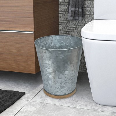 Galvanized Silver and Wood Bathroom Wastebasket
