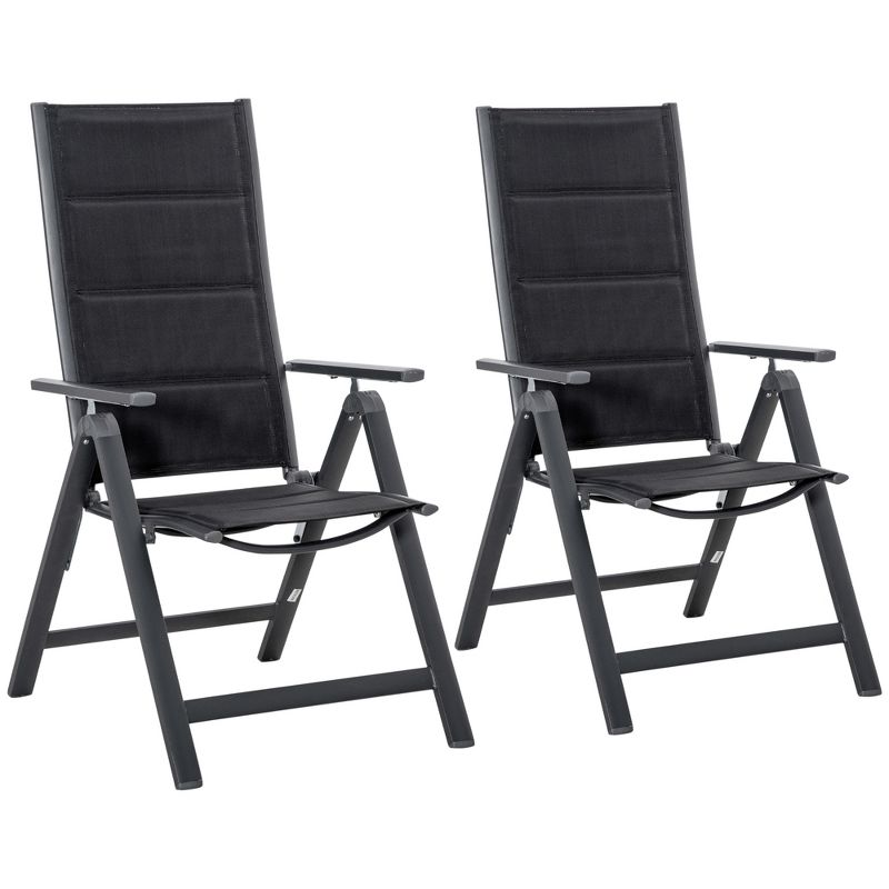 Outsunny Set of 2 Folding Patio Chairs, Two-Person Camping chairs with Adjustable Backrest and Padded Seat for Bistro, Deck, Backyard, Black, 1 of 8