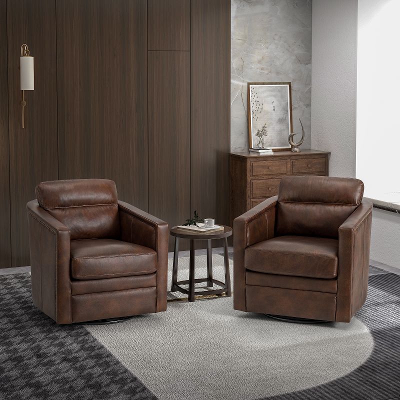 Set of 2 Eulalia 28.74''Wooden Upholstery Wide Genuine Leather Swivel Chair with Swivel Metal Base and  Squared Arms | ARTFUL LIVING DESIGN, 2 of 11