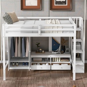 PAGED Full Size Loft Bed Simple Modern Pine Bed Frame with Desk, Shelves, Storage Stair and Guardrail for Bedroom - 1 of 4