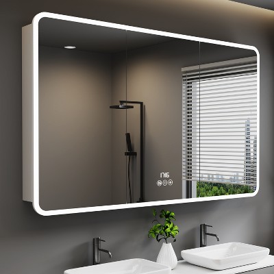 HBEZON LED Medicine Cabinet with Lights and Mirrors, Recess/Wall Mount Bathroom Cabinet, 3 Mode Lights, Dimmable, Anti-Fog, Silver