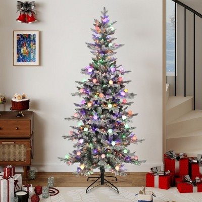6ft/7.5ft Pre-Lit Flocked Layered Christmas Tree with Remote Control, Flocked Hinged Christmas Tree With 1338/1734 PE & PVC Mixed Branch Tips