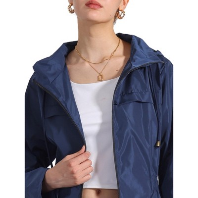 Женские куртки INSPIRE CHIC Women's Lightweight Hooded Raincoat Windbreaker Trench Coat Dark Blue Small — фото 5