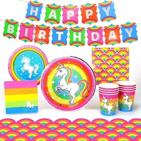 Treasures Gifted Rainbow Unicorn Birthday Party Supplies - Serves 16 Guests  - Dinnerware Starter Set - Unicorn Party Supplies Including Unicorn