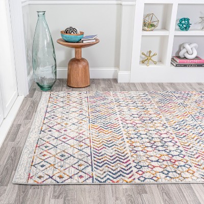 Moroccan Vintage Multi-Cream Geometric 3' x 5' Easy-Care Area Rug