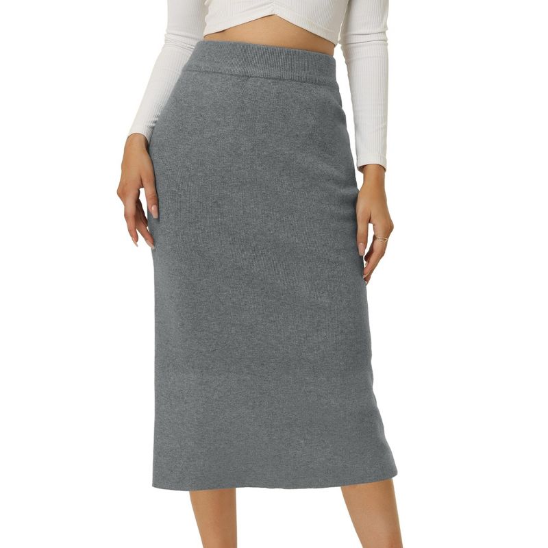 Seta T Women's Elastic High Waist Midi Basic Skirt Slit Hem Stretchy Ribbed Knit Bodycon Midi Skirts, 1 of 6