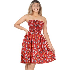 LA LEELA Women's Casual Beach Christmas A line Slit Smocked Mini Dresses Tube Top Evening Short Strapless Santa Dress for Women L-XL Red - 1 of 4